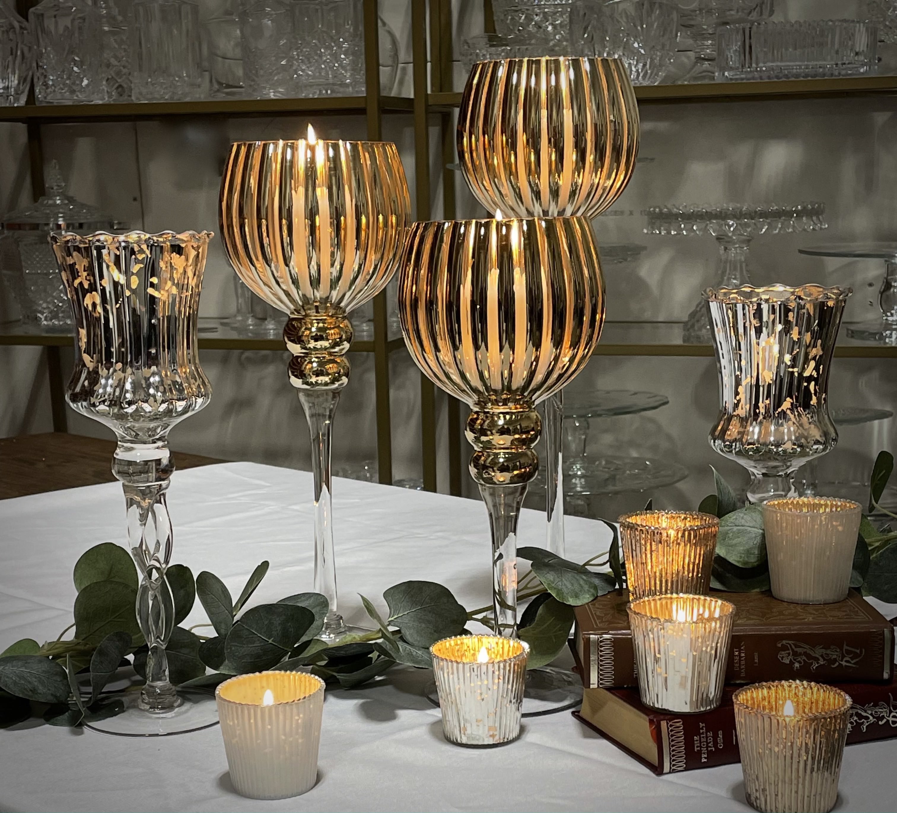 Gold Mercury Glass Long Stem Votive Holders | The Crystal Bell Rentals